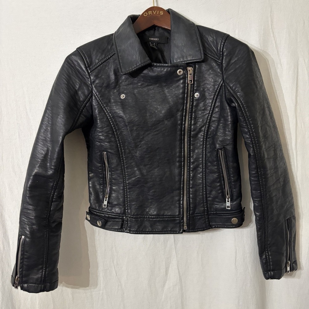 Forever 21‎ Moto Jacket Green Faux Leather Punk Zippers  Lined Size S/XS *FLAWS*